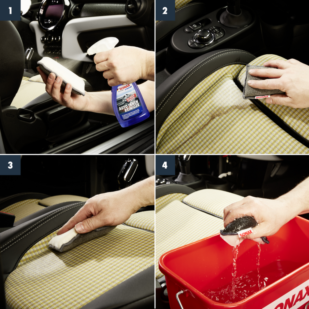 Limpeza de interiores com a ESPONJA PARA LIMPEZA INTERNA INTERIOR SPONGE DUO SONAX em diferentes superfícies internas.