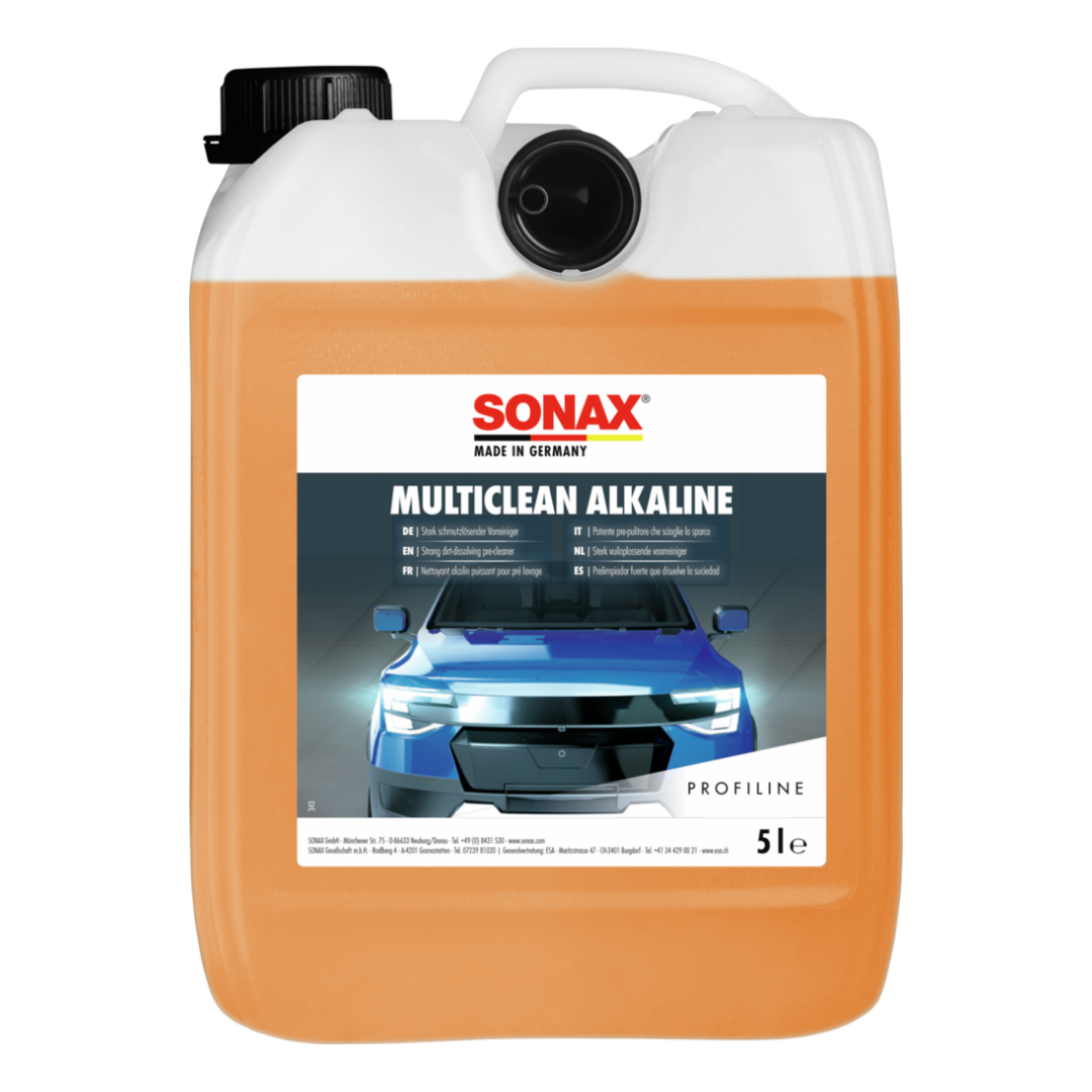 MULTICLEAN ALCALINO 5L SONAX (MultiClean Alkaline) em embalagem de plástico, ideal para pré-lavagem de carros e veículos pesados.