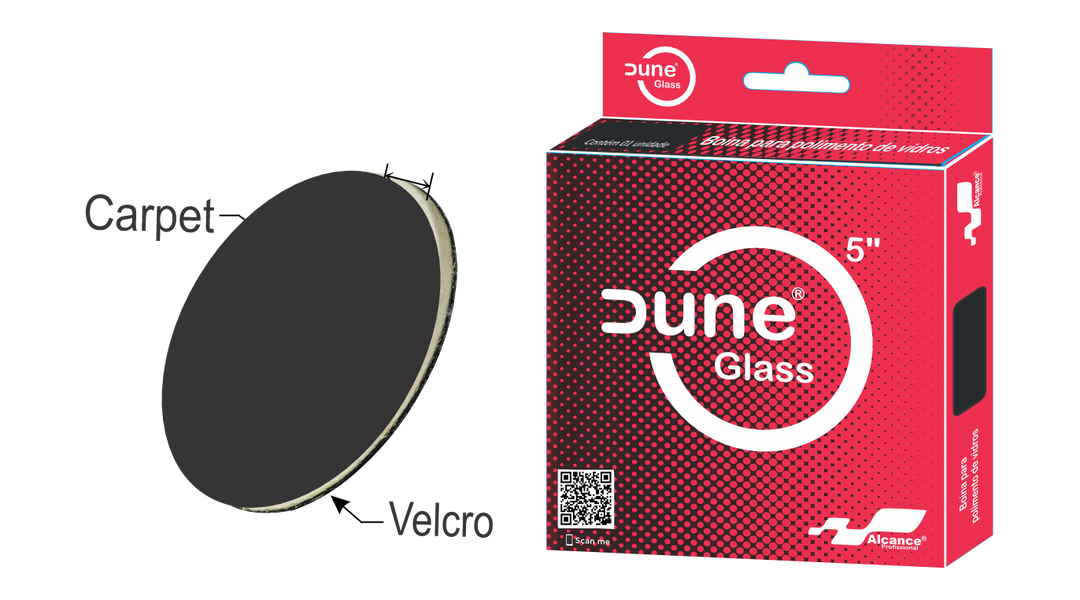 BOINA DUNE GLASS CARPETE VIDROS 3" ALCANCE com embalagem, ideal para polimento de vidros automotivos.
