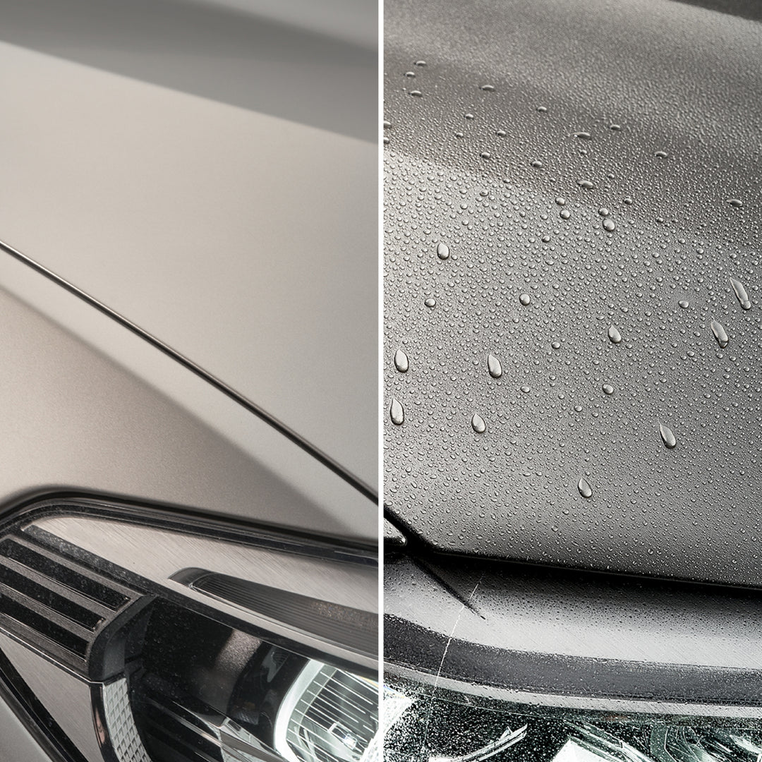 Comparação de superfície de carro antes e depois do CERAMIC SPRAY COATING, mostrando efeito repelente de água.