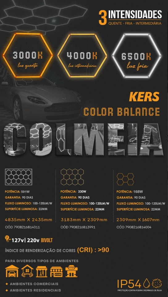 COLMEIA LED ESTUDIO 3 CORES MODELO 11 CELULAS COLOR BALANCE 220V KERS com intensidades de luz 3000K, 4000K e 6500K.