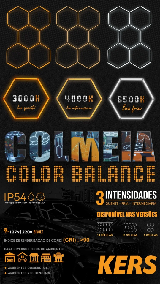 COLMEIA LED ESTUDIO 3 CORES MODELO 11 CELULAS, iluminação com 3 intensidades, design moderno e eficiência luminosa.