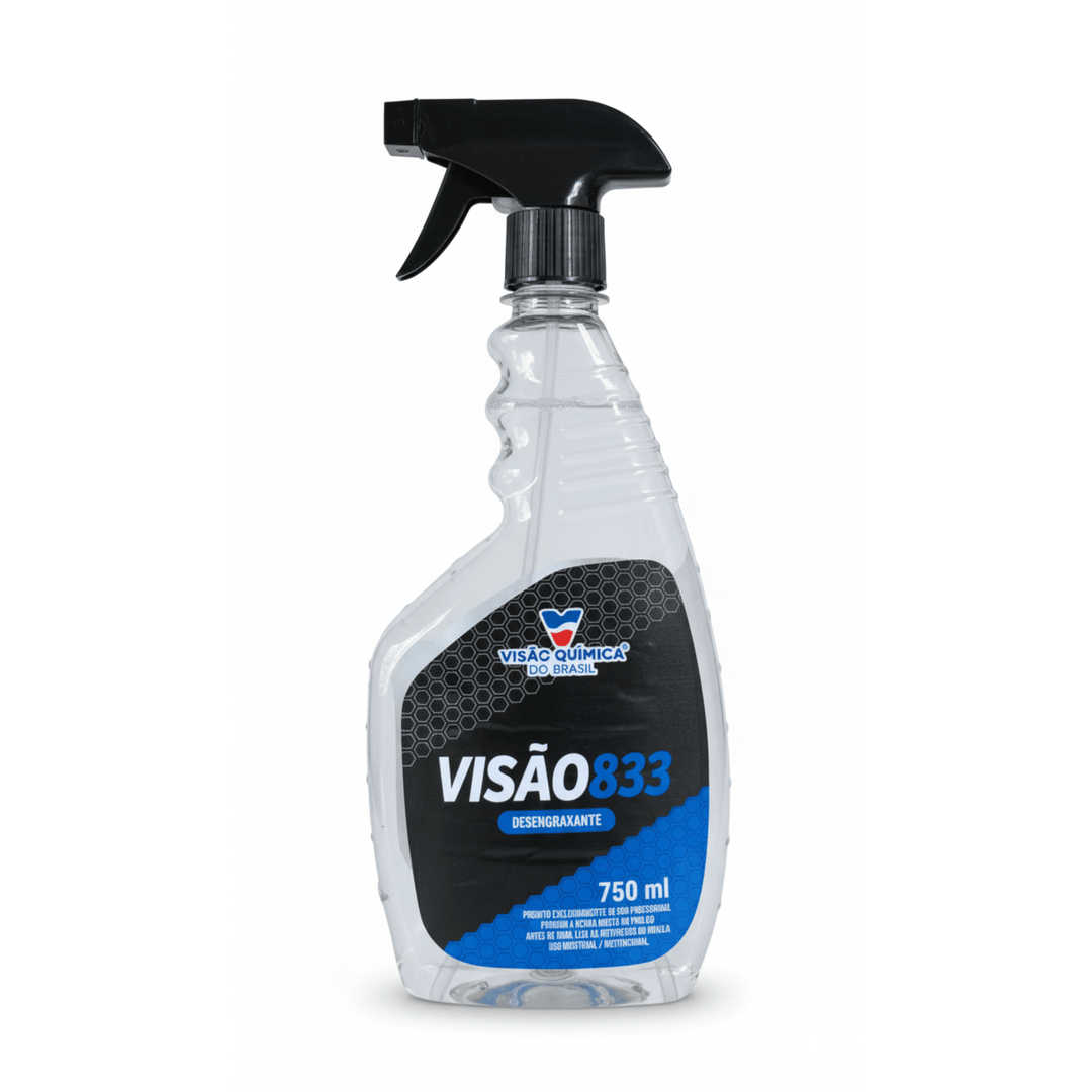 Desengraxante Visão 833 750ml em spray para remoção de sujeira e graxa, embalagem da Visão Química.