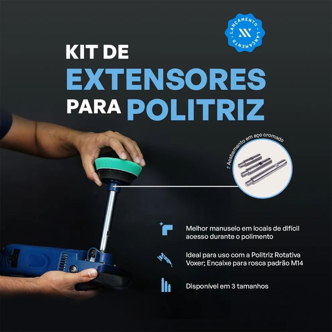 KIT 3x PROLONGADOR EXTENSOR para Politriz, ideal para polimento automotivo com melhor manuseio e precisão.