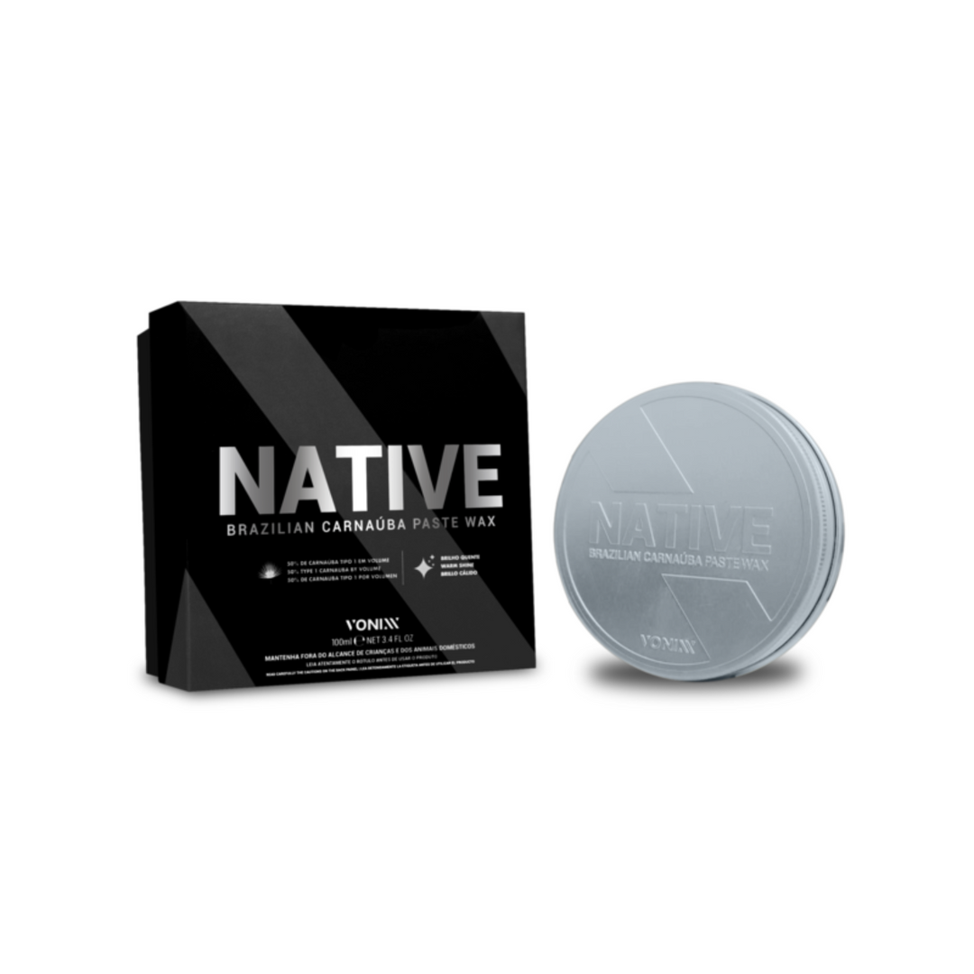 NATIVE cera em pasta da Vonixx, embalagem e produto de carnaúba para proteção de carros.