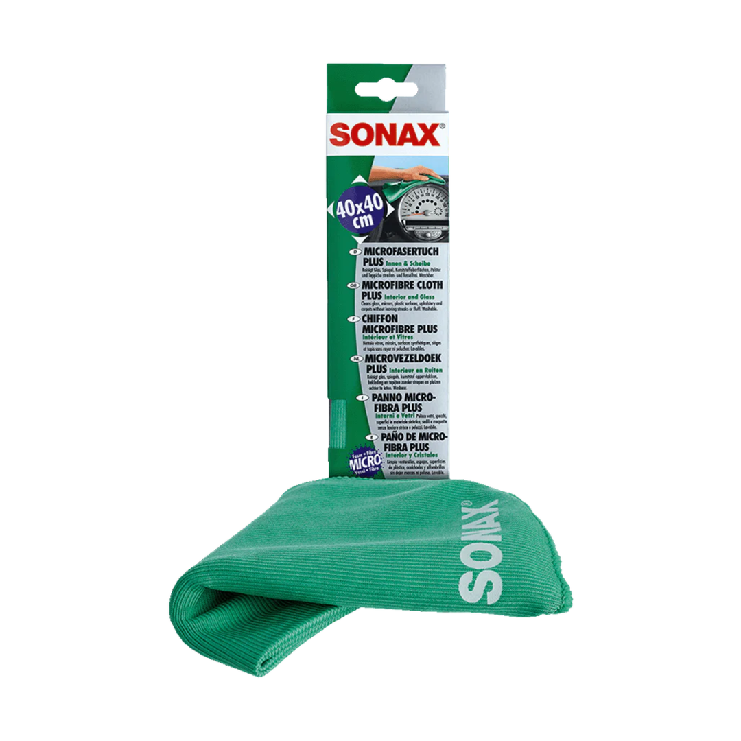 PANO DE MICROFIBRA PARA VIDRO 40X40CM SONAX com embalagem destacando sua qualidade para limpeza de superfícies delicadas.