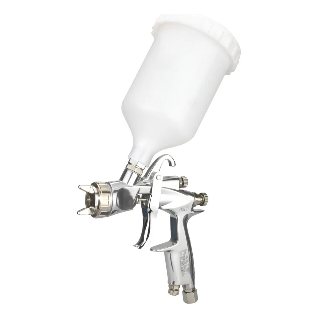 PISTOLA DE PINTURA HIGH TEC MOD. 6000G 1.40MM KAIZEN TECH com corpo cromado e reservatório de tinta.