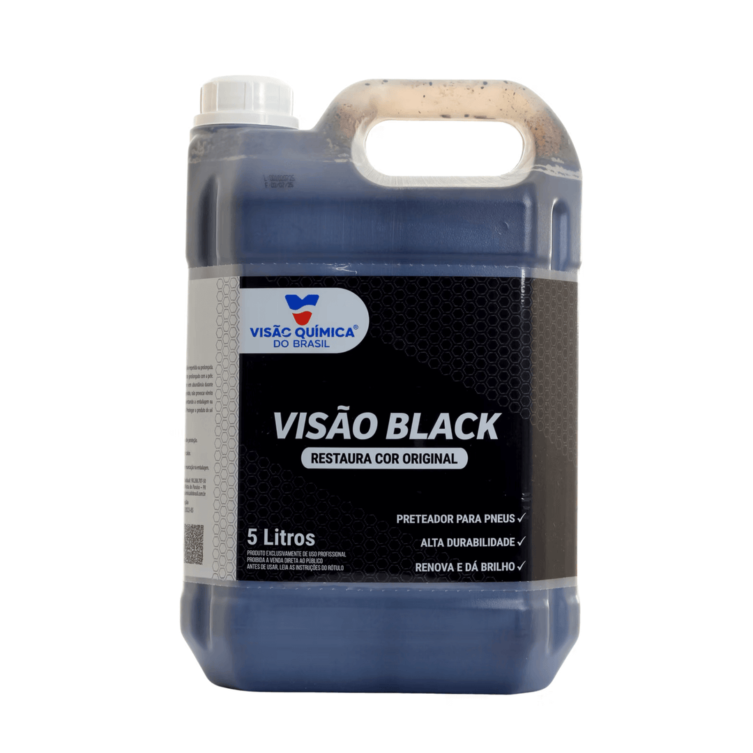 PRETINHO VISAO BLACK RESTAURADOR PINTA PNEU 5L VISAO QUIMICA em embalagem de 5 litros para restauração de pneus.