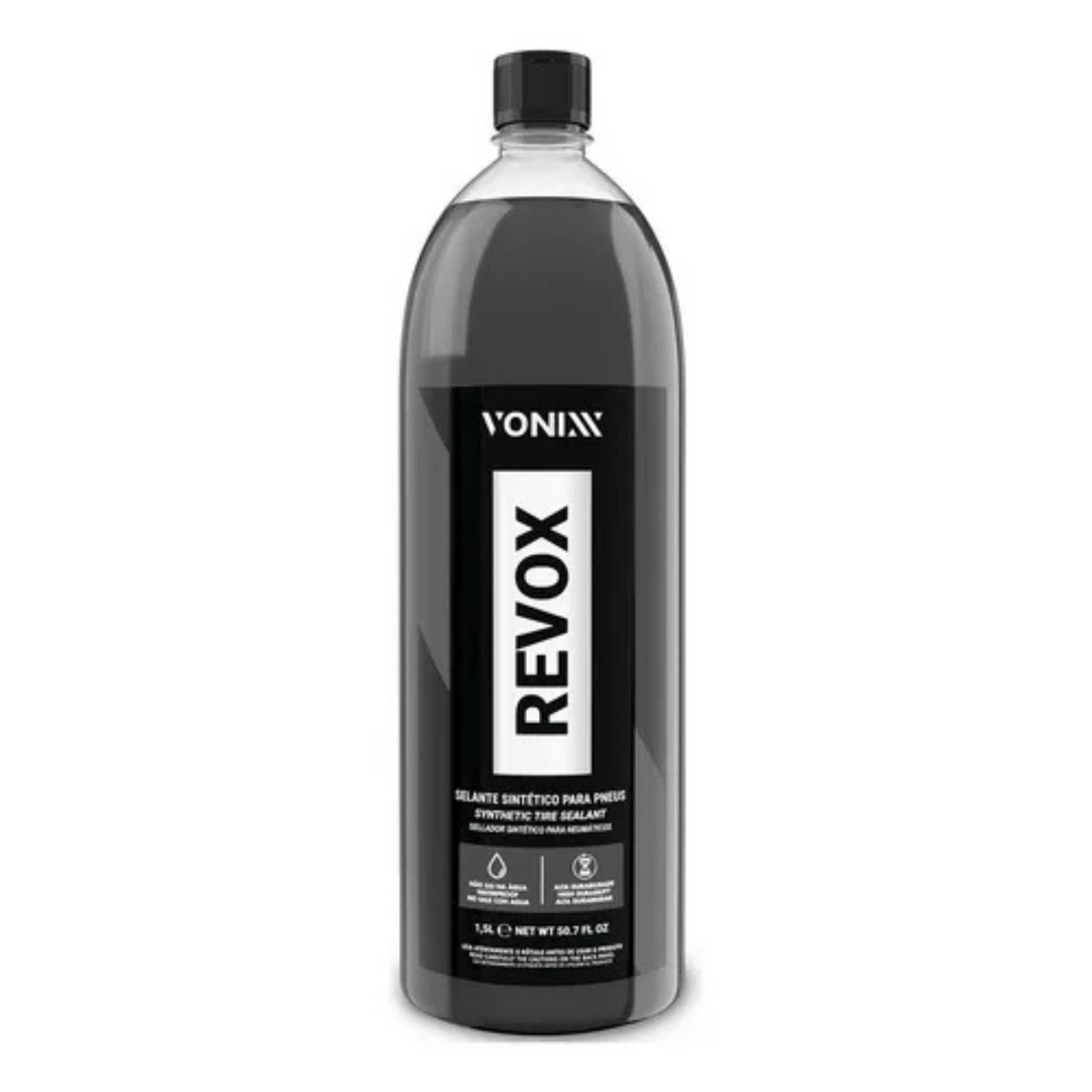 REVOX selante sintético para pneus da Vonixx, disponível em embalagem de 1,5L, proteção e brilho para pneus.
