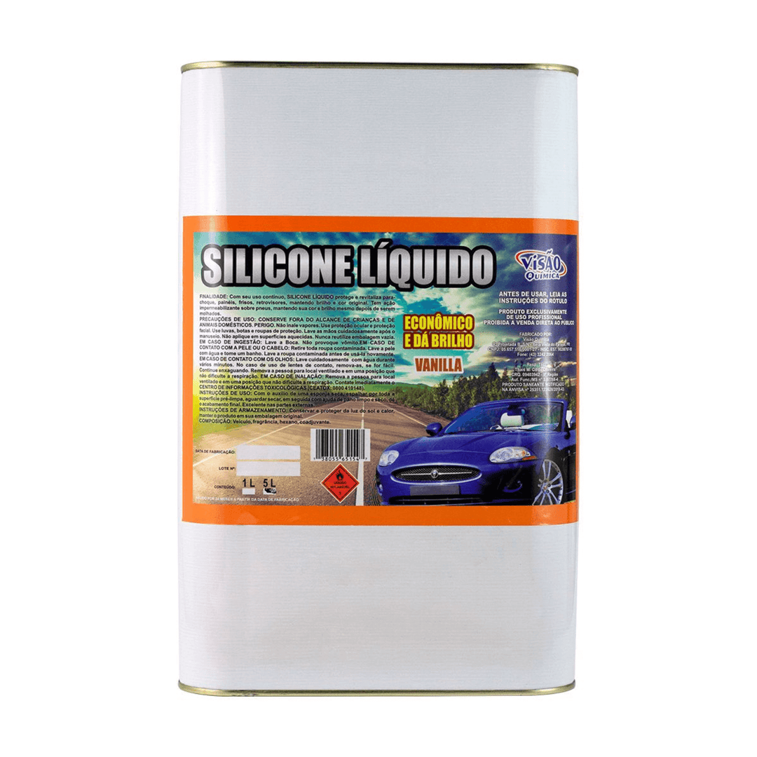 Lata de 5L de SILICONE LIQUIDO BAUNILHA da Visão Quimica, ideal para revitalização de plásticos e pneus.