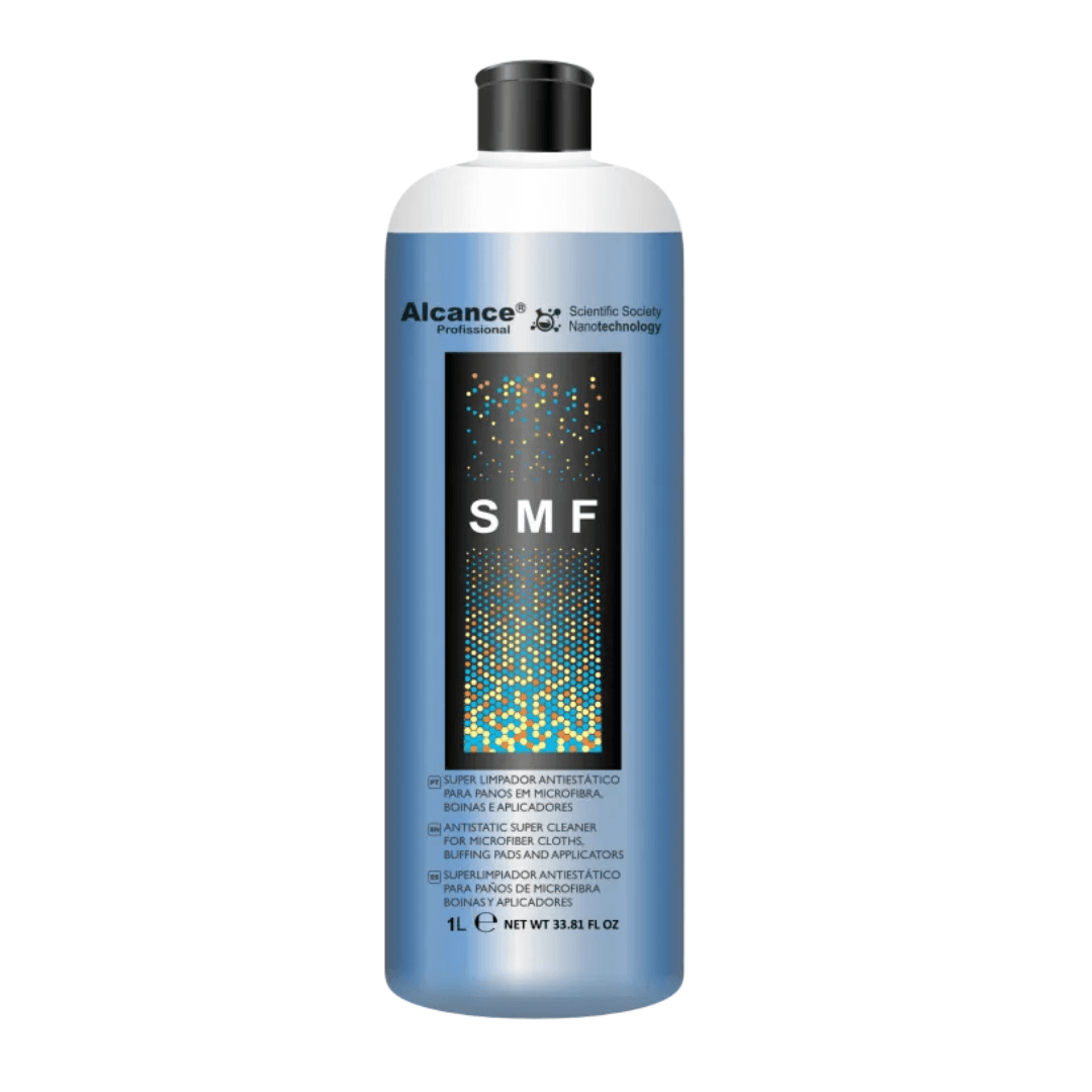 SMF LIMPADOR DE MICROFIBRA ANTI ESTATICO 500ML ALCANCE em embalagem de 1 litro para detalhamento automotivo.