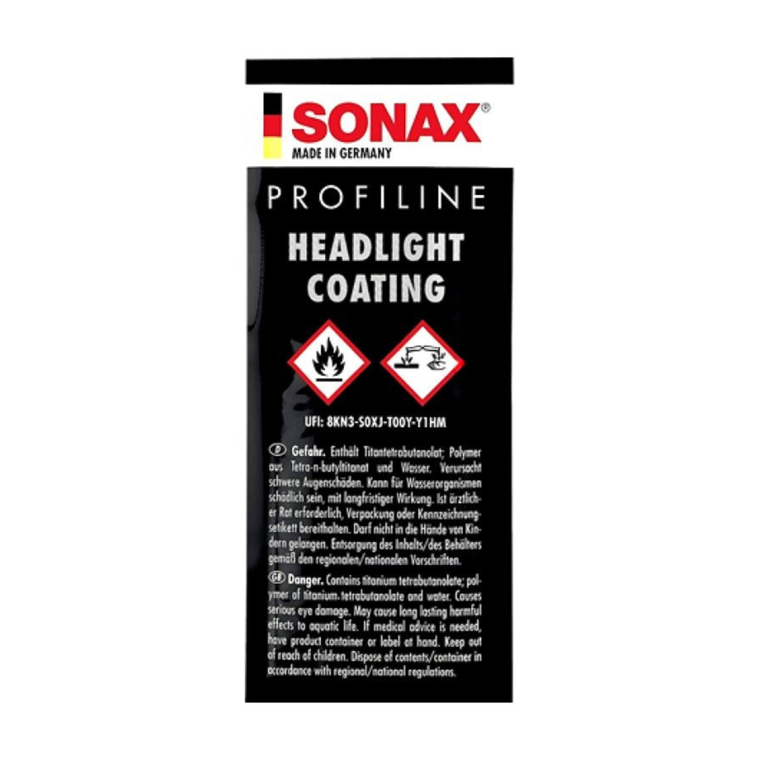 COATING PARA FAROL SONAX HEADLIGHT COATING - embalagem de 5ml com instruções de uso e informações de segurança.