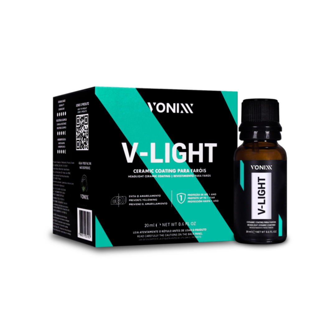 Frasco e embalagem do V LIGHT COATING FAROL POLICARBONATO VONIXX 50ML, produto de proteção para faróis.